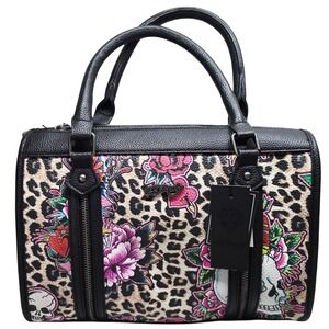 Ed‎ Hardy Satchel Handbag Cheetah Leopard Print Skull Roses Tattoo NWT RV $100